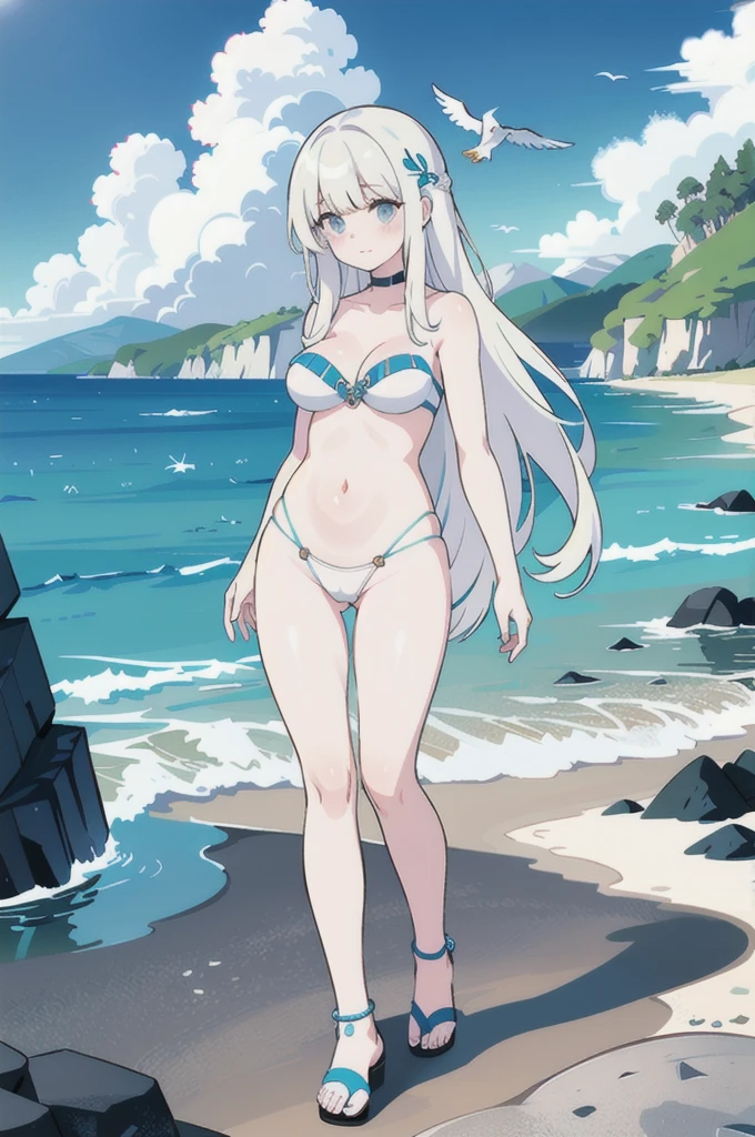 (masterpiece, top quality, best quality), (splash art), european, stunning woman on a beach, naturalistic, pale skin, (long white hair), heavenly, anklets, jewelry, beautiful tropical sea, astonishing clouds, absurd water, palms, insane detail, (wind), revealing, reefs, breathtaking, whole body, sexy pose, summer, (crystal clear water), braided bangs, birds, flowers, cold colors, (sandals), detailed swimsuit, (revealing white plunge swimsuit), belly, summer paradise, coast, mountains, detailed beach, dynamic, strapless, cleavage, standing, skimpy, lush, arms behind back