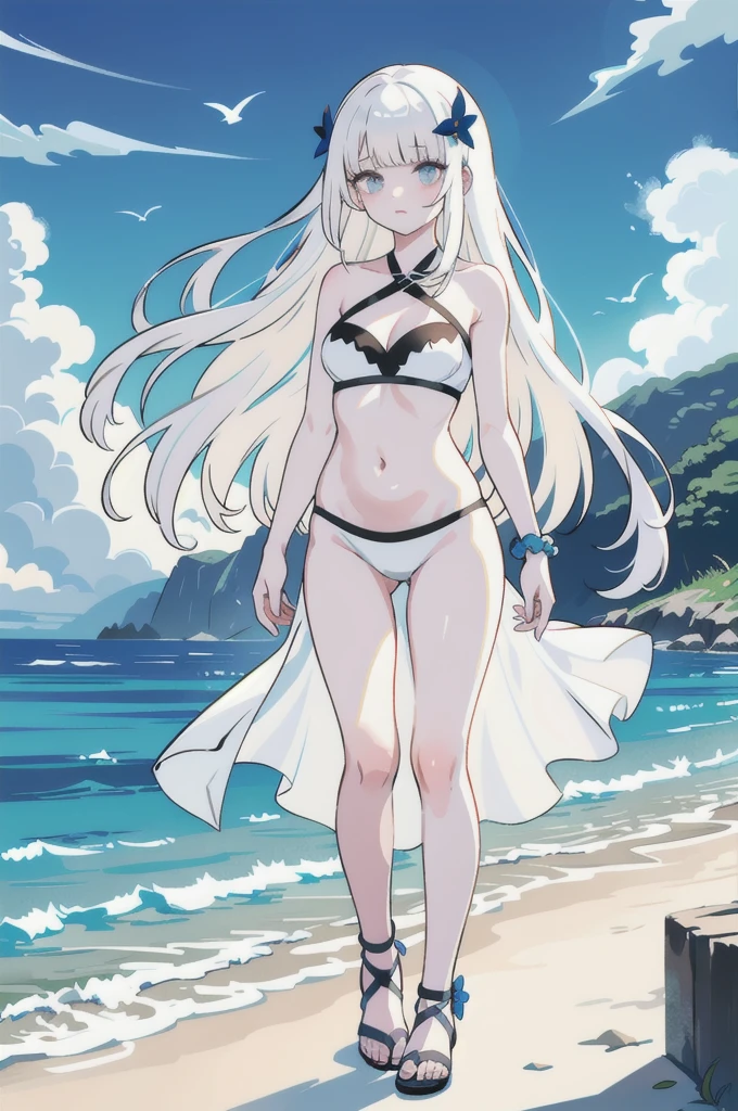 (masterpiece, top quality, best quality), (splash art), european, stunning woman on a beach, naturalistic, pale skin, (long white hair), heavenly, anklets, jewelry, beautiful tropical sea, astonishing clouds, absurd water, palms, insane detail, (wind), revealing, reefs, breathtaking, whole body, sexy pose, summer, (crystal clear water), braided bangs, birds, flowers, cold colors, (sandals), detailed swimsuit, (revealing white plunge swimsuit), belly, summer paradise, coast, mountains, detailed beach, dynamic, strapless, cleavage, standing, skimpy, lush, arms behind back