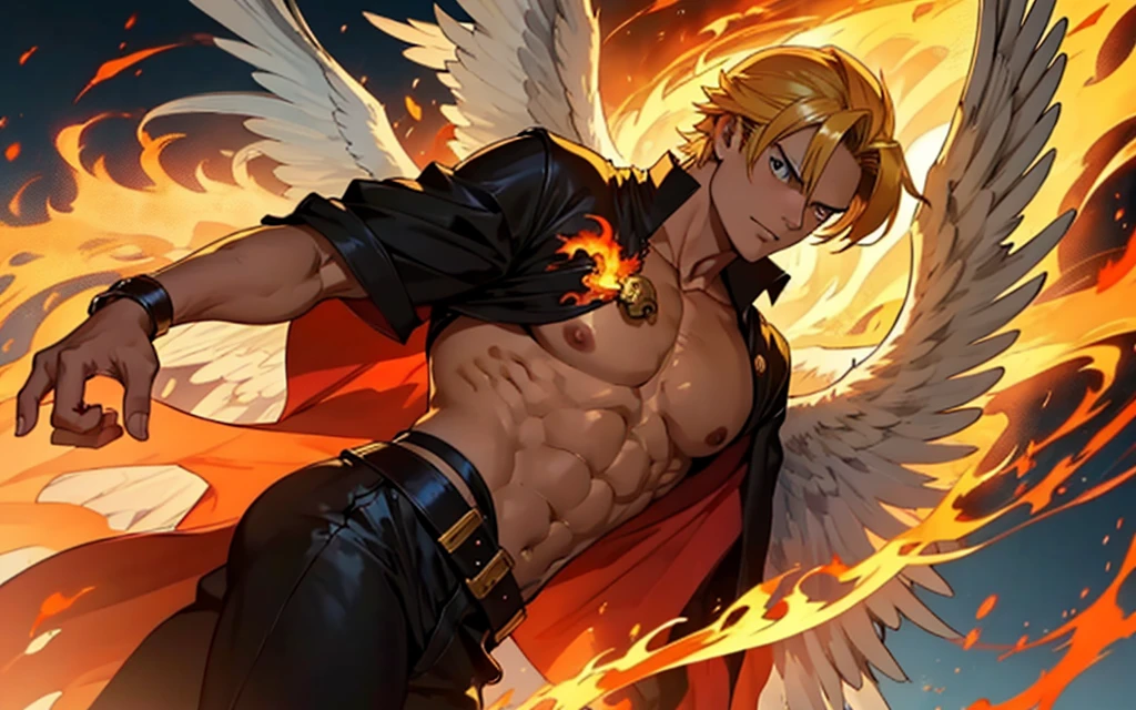 anime character with wings and a skull on his chest in front of flames, god brando, burning wings, joe gb fenton, with golden wings of fire, Sanji, with golden wings of fire of flame, burning bottom, badass
