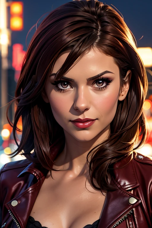Best quality, realistic, from the front in first person, Nina Dobrev on the street of Los Angeles, (a female mexican Supermodel), (sexy wine red leather jacket:1.1), split, seductive smile, (dark hair), (hairstyle:1.0), Perfect eyes, sharp parts, Detailed face, face-makeup, cheeks turn red, Eyeliner, eyeshadow, Lip gloss, Supermodel, (deep focus), (hard lighting), (night time), (realistic lighting:1.0)