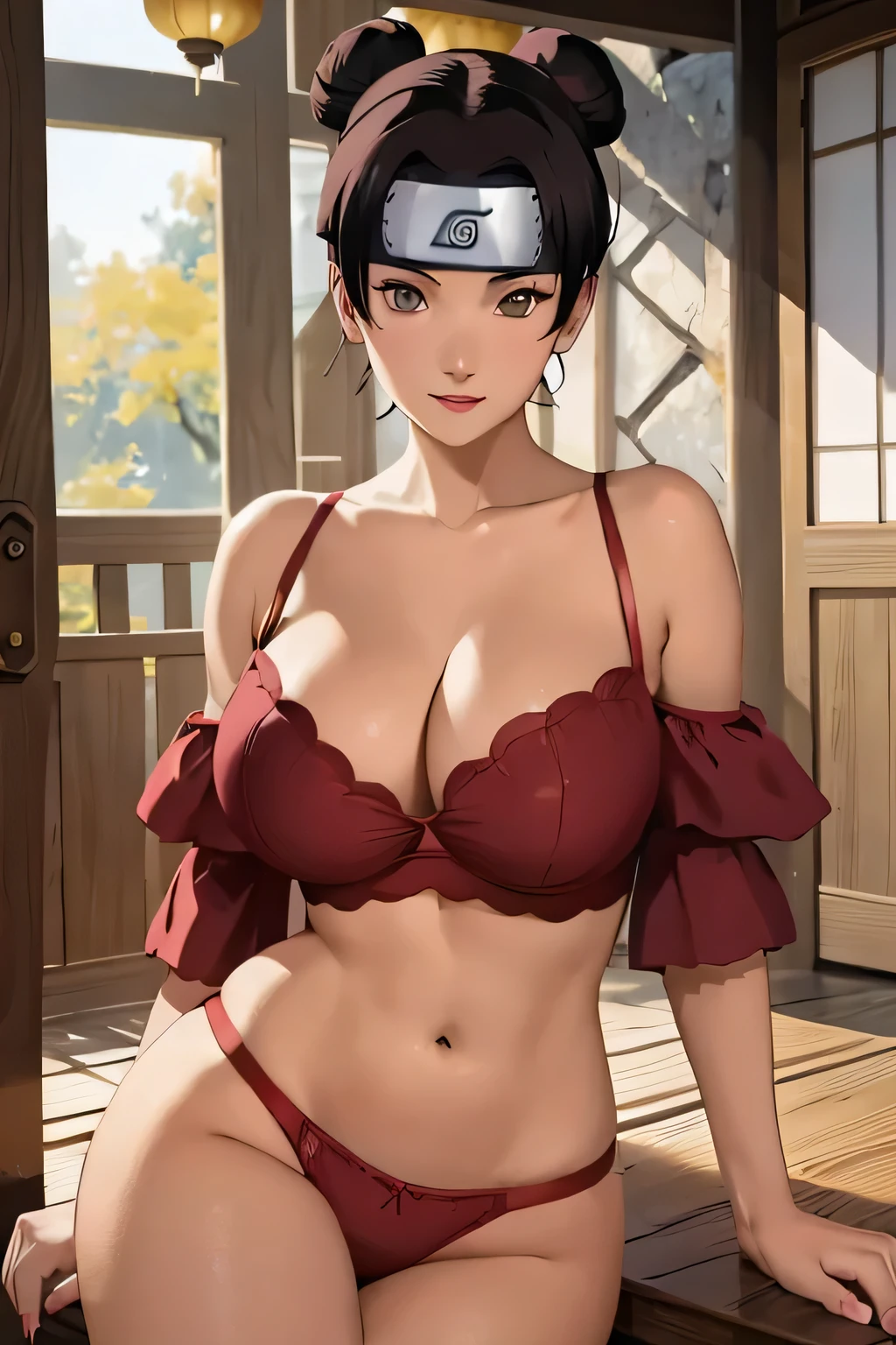 （tmasterpiece），one-girl，little breast，(Be red in the face)，Redlip，cleavage，(Off-the-shoulder attire:1.2)，Big breasts, groin, bellybutton, Bust photo，full body, Naruto，Long-lasting forehead protection，white  clothes，transparant panties, looks into camera，sportrait，ssmile，Japanese-style ancestral hall，large gate，SakuraNS，4k quality，The most beautiful face，White skin of the，tian zi