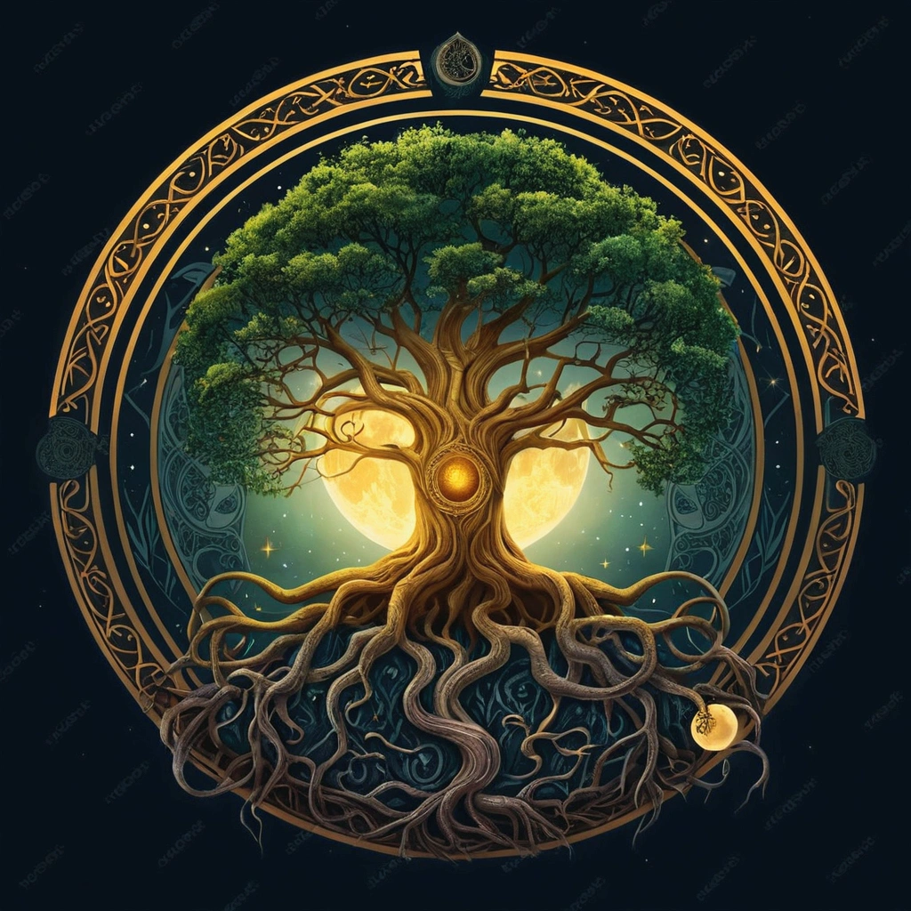 a tree with roots and a moon in the background, Yggdrasil, tree of Life, the tree of Life, tree of Life seed of doubt, Fantasy Tree, golden sacred tree, cosmic tree of Life, the world tree, tree of Life inside the ball, world tree, magic tree, ancient tree, rooted lineage, magic tree