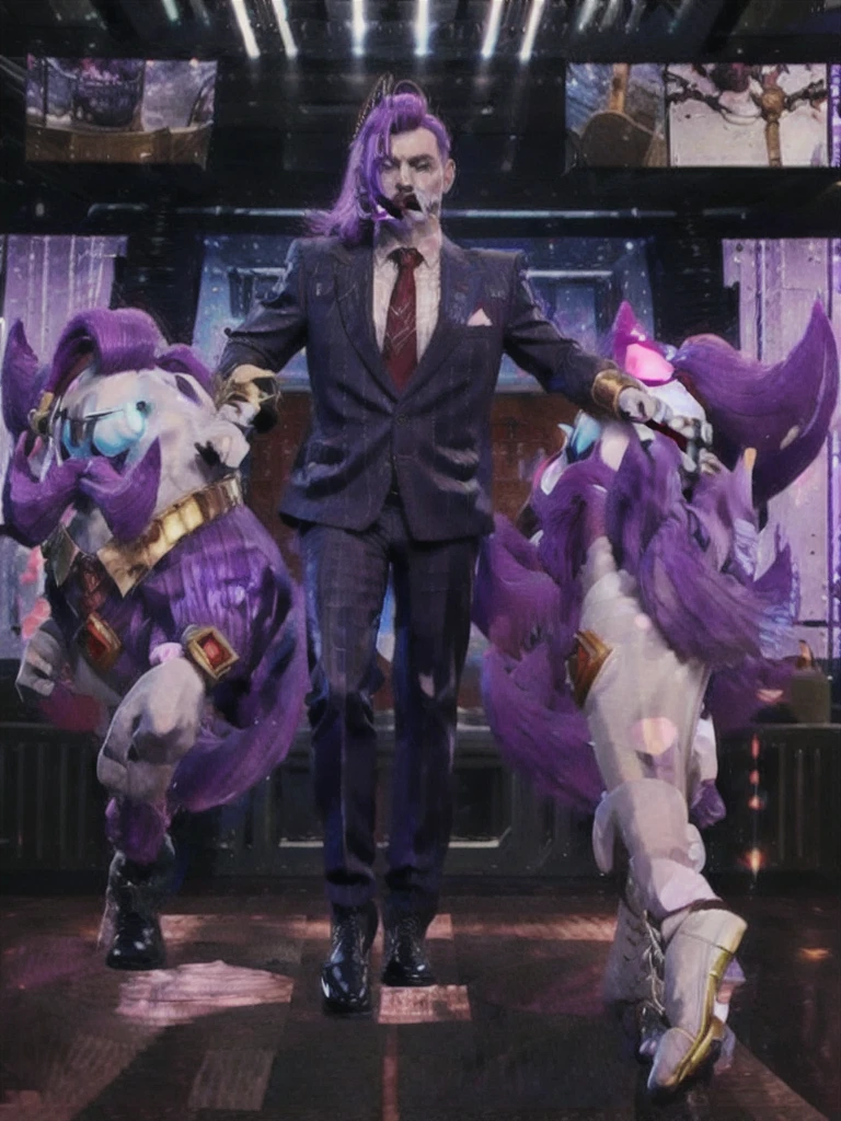  haltmann, purple hair, purple mustache, arms, wearing a dark blue suit with pink vertical lining, pink shirt, red tie, black shoes, gold suit button with a red diamond, pale purple gloves, pink cuffs, pale purple skin, blue eyes, golden earpiece with antenna