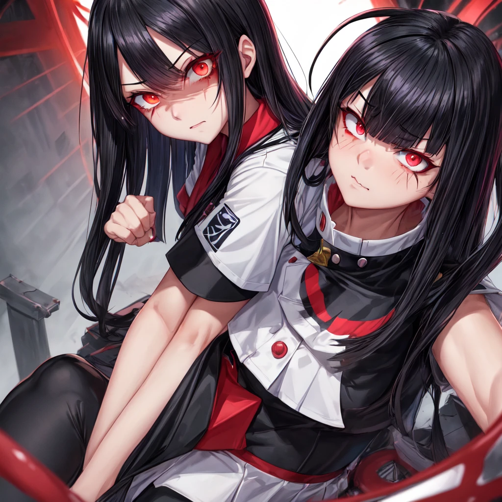 my hero academia uniform, siren eyes, dark red eye color, muscular arms, long jet black hair with bangs, arms crossed, lesbian, dominant, Mole Under Eye, Devil Pupils, Tsundere, faded scare over right eye, tall, nonchalant, 1girl,