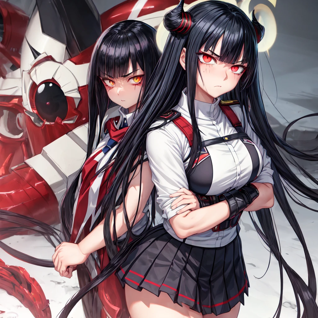 my hero academia uniform, siren eyes, dark red eye color, muscular arms, long jet black hair with bangs, arms crossed, lesbian, dominant, Mole Under Eye, Devil Pupils, Tsundere, faded scare over right eye, tall, nonchalant, 1girl,