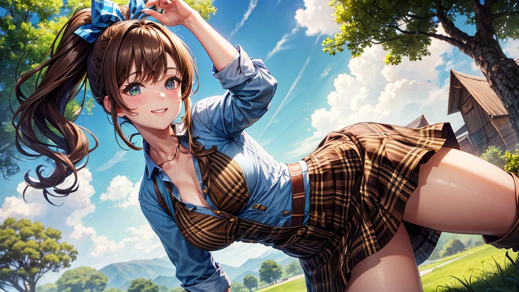 1girl, solo, full body, village, trees, sun, clouds, ((brown hair)), ponytail, large breasts, ((light brown sweeter)), button down shirt, ((blue checked shirt)), ((unbuttoned shirt)), unbuttoning buttons, cleavage 1:3 green eyes, long skirt, brown boots, smile, happy, looking at the viewer, standing, hair ribbon, golden necklate