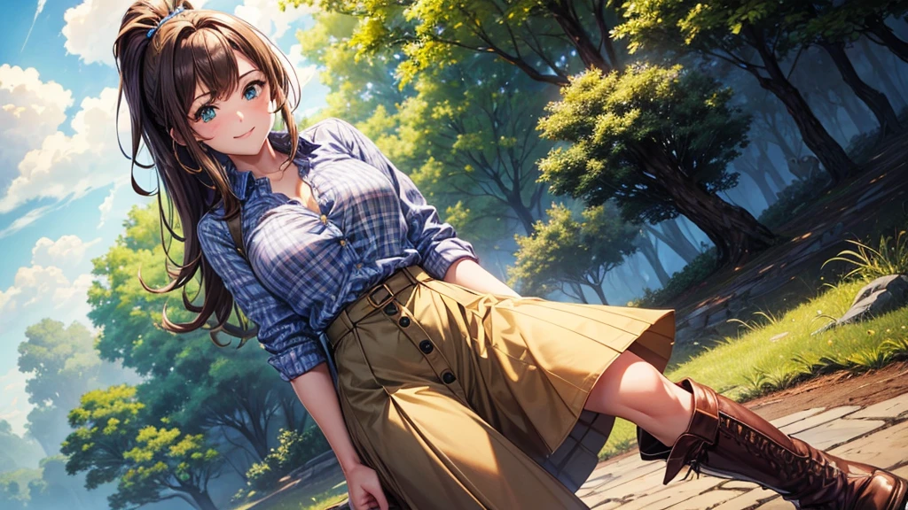 1girl, solo, full body, village, trees, sun, clouds, ((brown hair)), ponytail, large breasts, ((light brown sweeter)), button down shirt, ((blue checked shirt)), ((unbuttoned shirt)), unbuttoning buttons, cleavage 1:3 green eyes, long skirt, brown boots, smile, happy, looking at the viewer, standing, hair ribbon, golden necklate