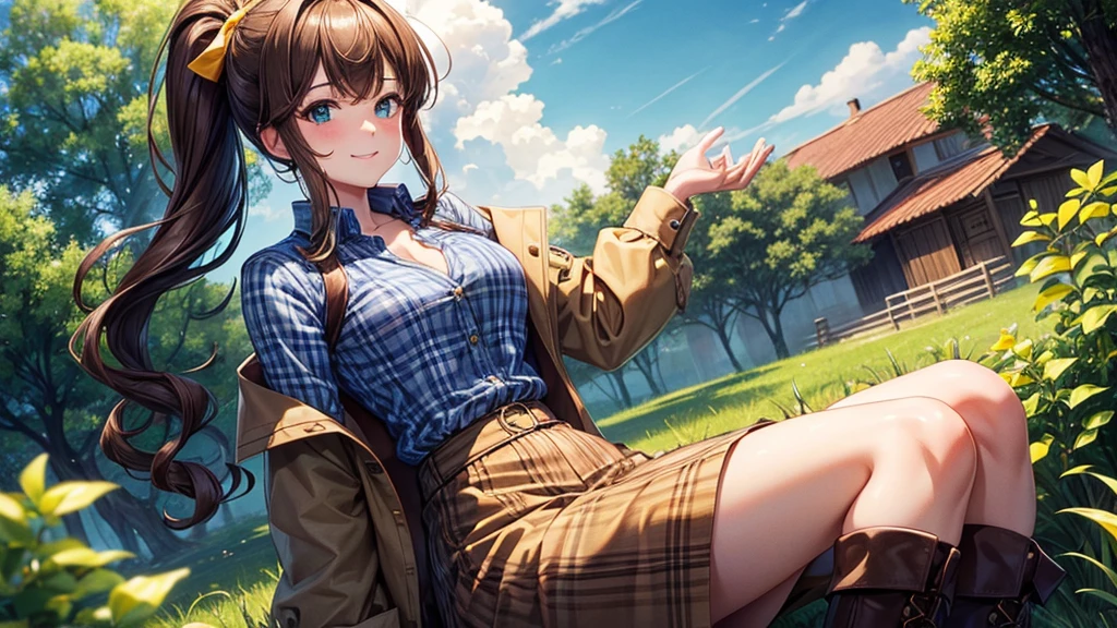 1girl, solo, full body, village, trees, sun, clouds, ((brown hair)), ponytail, large breasts, ((light brown sweeter)), button down shirt, ((blue checked shirt)), ((unbuttoned shirt)), unbuttoning buttons, cleavage 1:3 green eyes, long skirt, brown boots, smile, happy, looking at the viewer, standing, hair ribbon, golden necklate