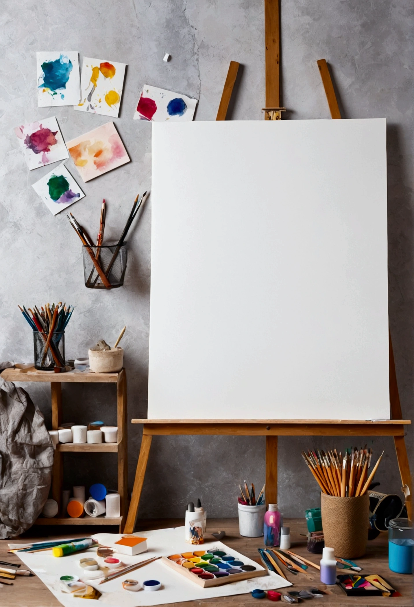 a creative shot of an empty canvas with various art supplies or props scattered around it, representing the potential for creativity, imagination, and self-expression