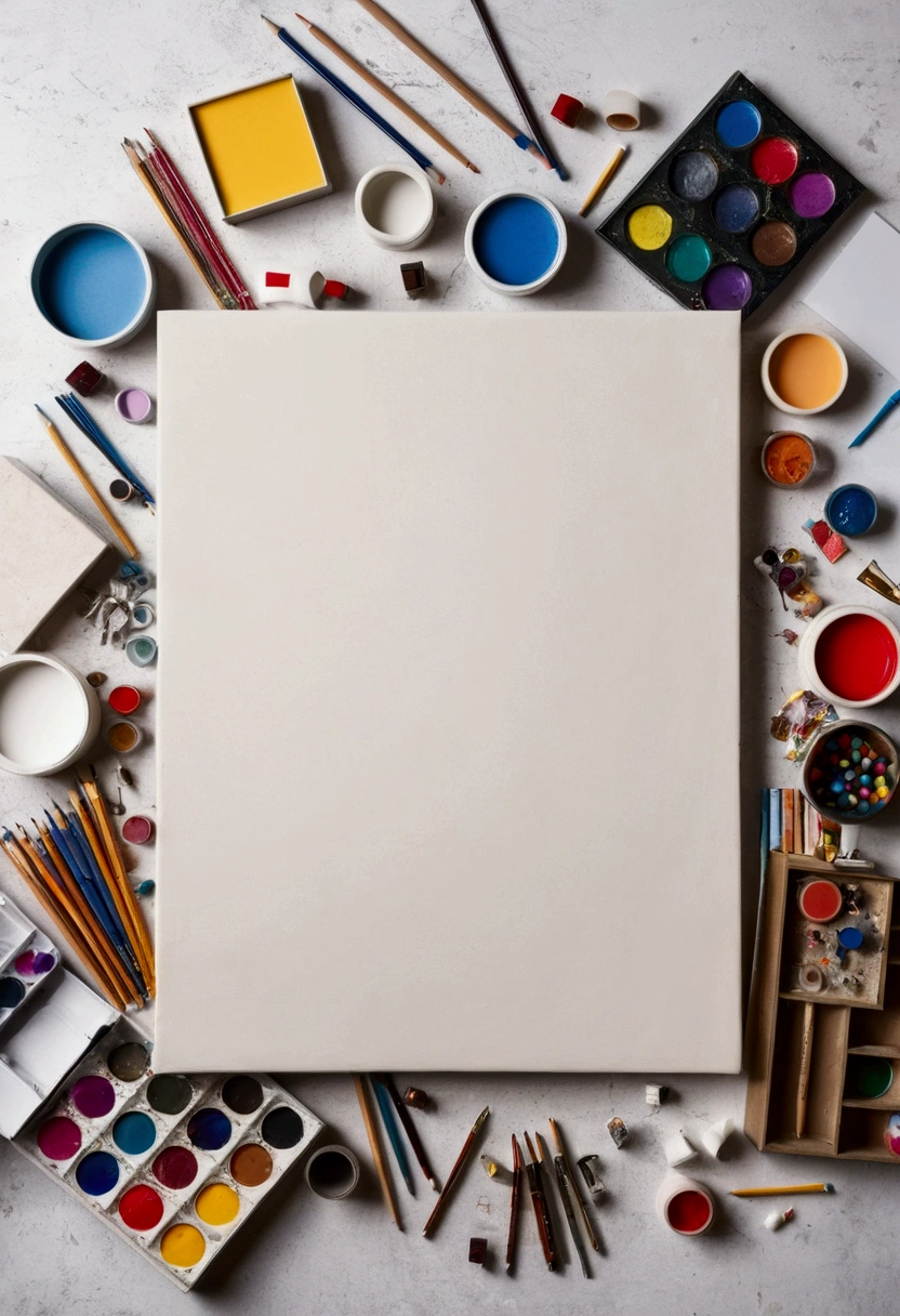 a creative shot of an empty canvas with various art supplies or props scattered around it, representing the potential for creativity, imagination, and self-expression