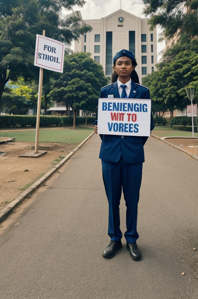 College student wearing uniform,standing with a placard, scenery is horrible and Bangaldeshi vibes
