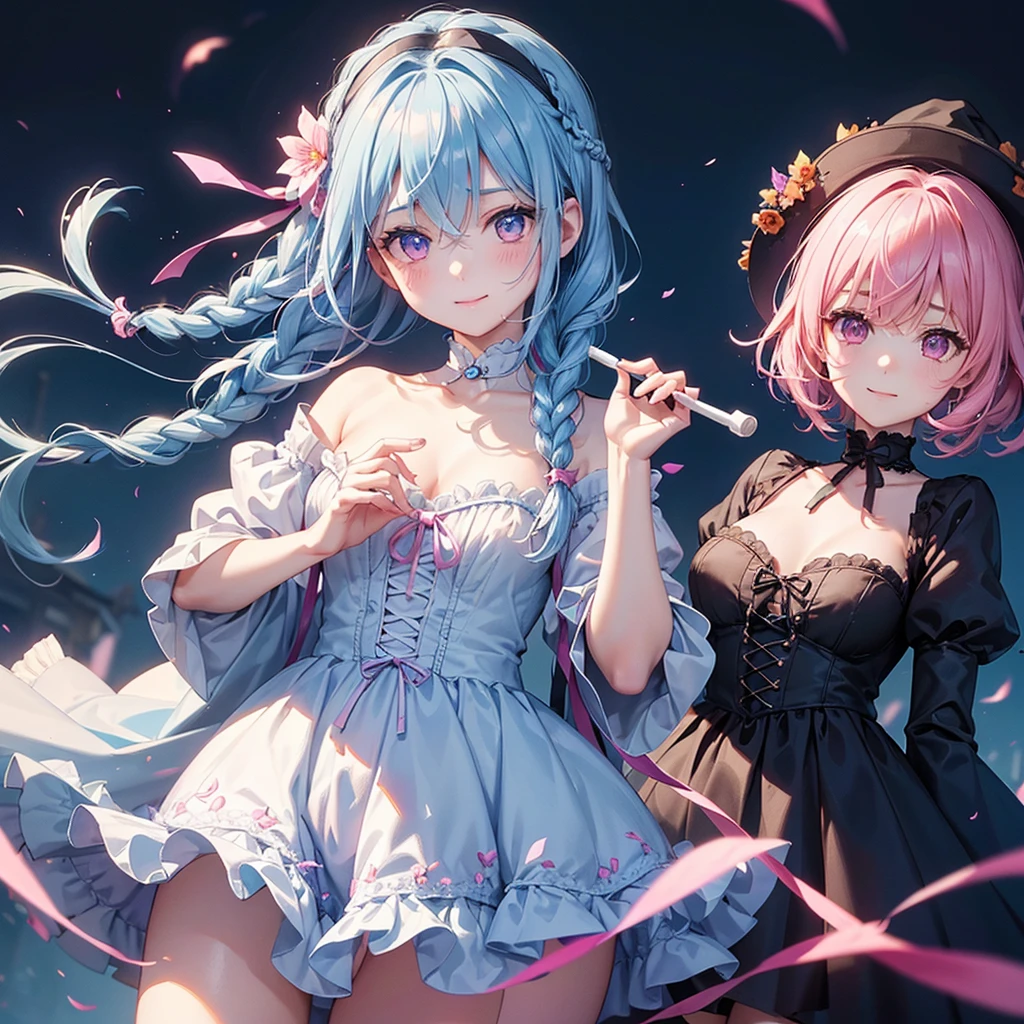 (Light blue medium hair),(Braided hair tied together)、Pink eyes、Fair skin、cowboy shot、Halloween、The background is a pumpkin ghost、Trick or Treat、A lot of sweets、Lollipop、Cosplay、A surprising smile、A dignified figure、solo、(masterpiece、Highest quality、Very detailed、Best Shadow)、(Detailed Background)、(Beautifully detailed face)、High contrast、(Best lighting、Very delicate and beautiful)、(Cinematic Light)、colorful、Hyper Detail、Dramatic Light、Exquisite detail、