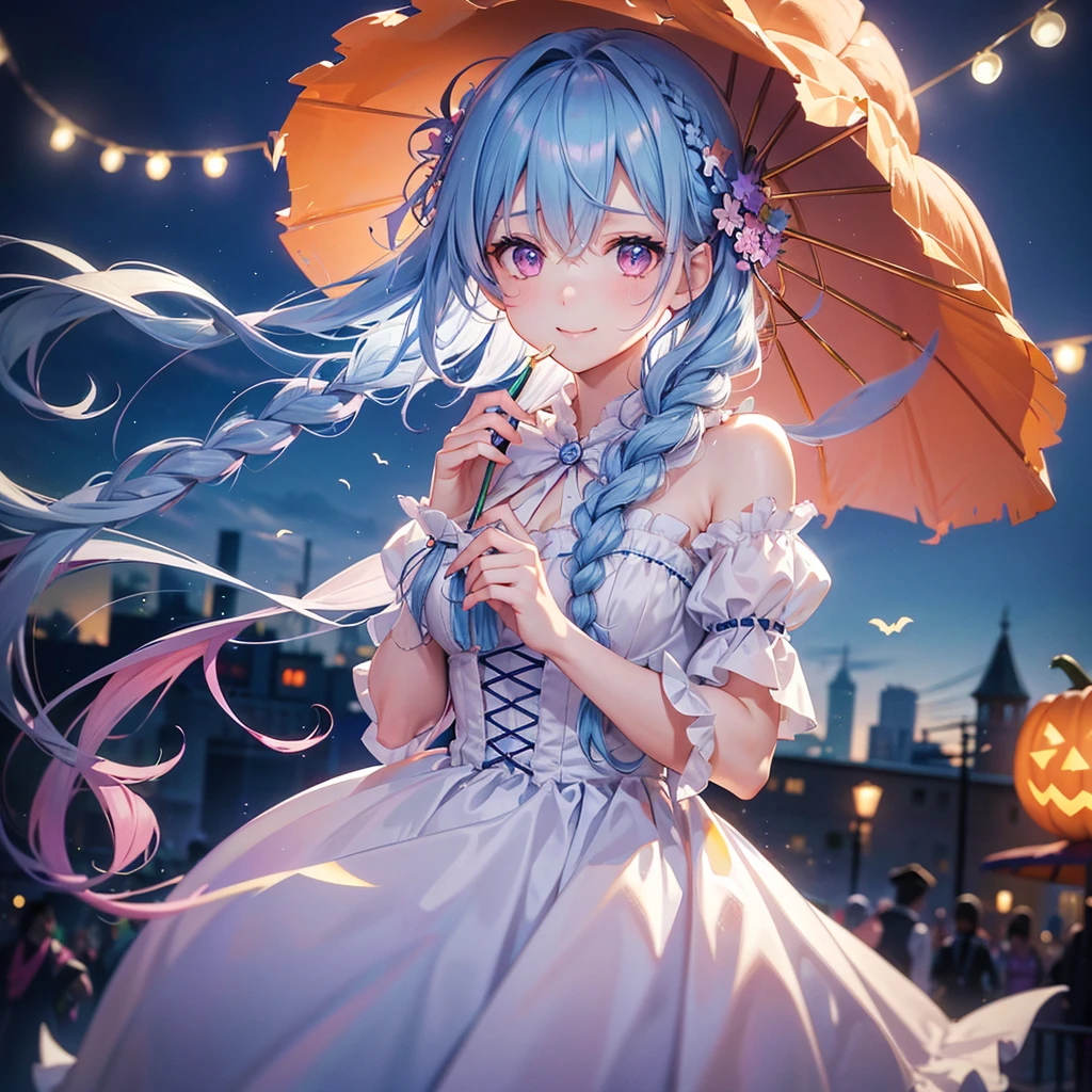 (Light blue medium hair),(Braided hair tied together)、Pink eyes、Fair skin、cowboy shot、Halloween、The background is a pumpkin ghost、Trick or Treat、A lot of sweets、Lollipop、Cosplay、A surprising smile、A dignified figure、solo、(masterpiece、Highest quality、Very detailed、Best Shadow)、(Detailed Background)、(Beautifully detailed face)、High contrast、(Best lighting、Very delicate and beautiful)、(Cinematic Light)、colorful、Hyper Detail、Dramatic Light、Exquisite detail、