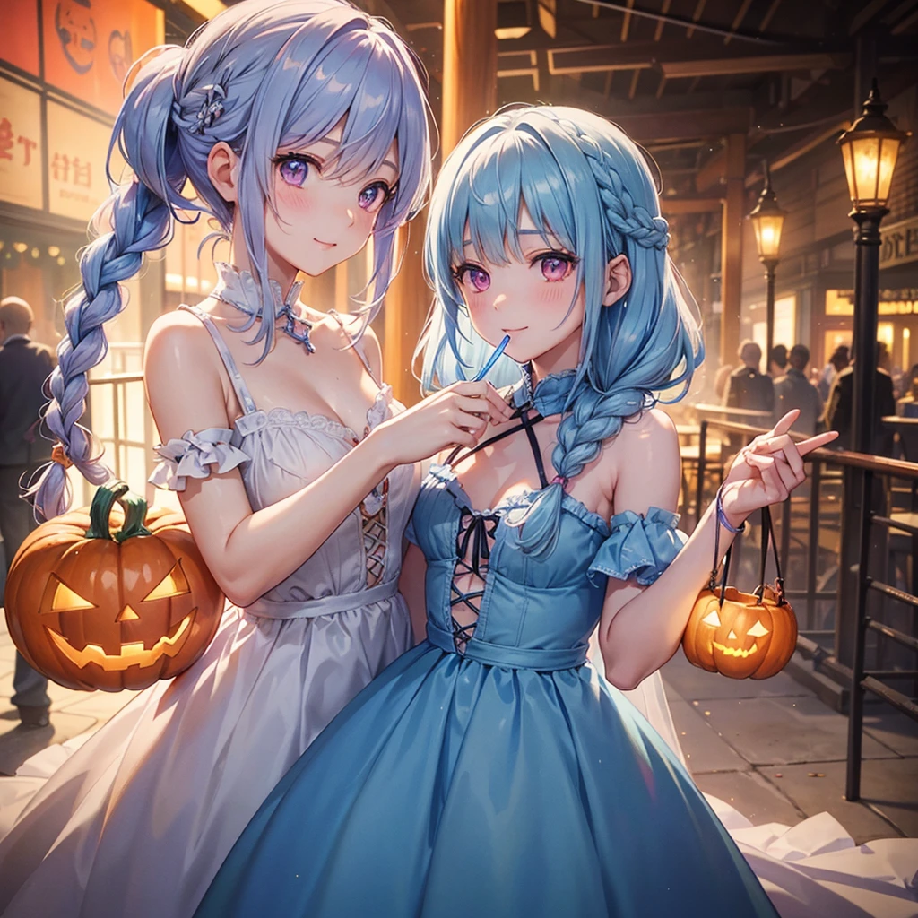 (Light blue medium hair),(Braided hair tied together)、Pink eyes、Fair skin、cowboy shot、Halloween、The background is a pumpkin ghost、Trick or Treat、A lot of sweets、Lollipop、Cosplay、A surprising smile、A dignified figure、solo、(masterpiece、Highest quality、Very detailed、Best Shadow)、(Detailed Background)、(Beautifully detailed face)、High contrast、(Best lighting、Very delicate and beautiful)、(Cinematic Light)、colorful、Hyper Detail、Dramatic Light、Exquisite detail、