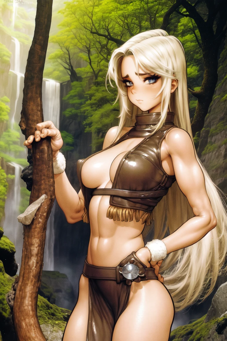 21thshirow, solo, 1girl, looking at viewer, big breasts, blonde hair, detailed face, outdoors, skimpy, caveman outfit, long hair, cavewoman,