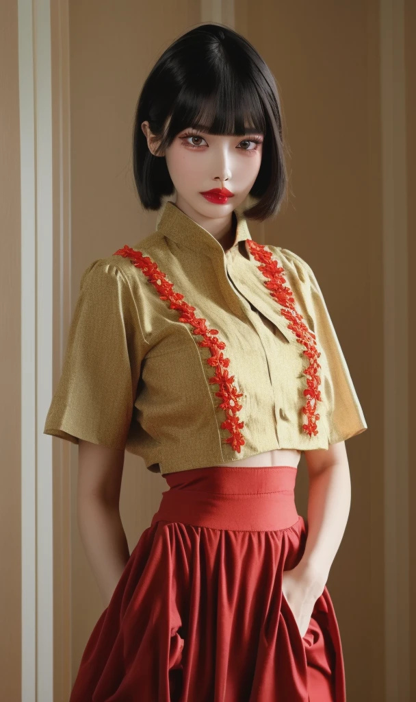 masterpiece, best quality, 32k, insane details, intricate details,
1girl, fashion photography, in style of angura keihime - cut, straight hairin a minimalist Misasakan roomhigh-wistskirtcllaredshirtshort hairstripedblunt bangs
A mature facesideways glance, (cold attitude,eyeshadow,eyeliner:1.1),(red lips:1.5), (Mole under eye:1.0),hand in pocketflower
