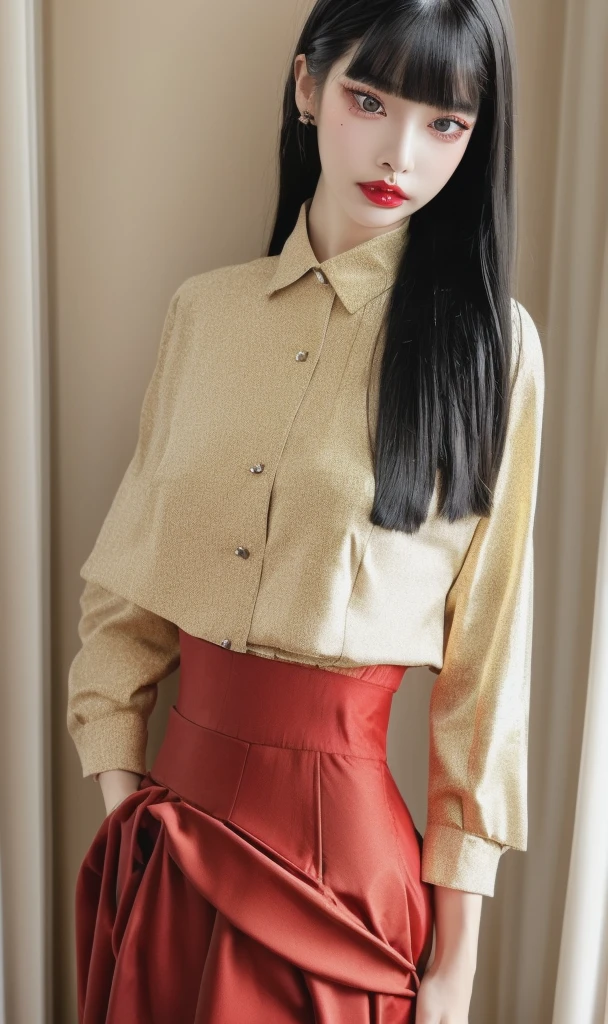 masterpiece, best quality, 32k, insane details, intricate details,
1girl, fashion photography, in style of angura keihime - cut, straight hairin a minimalist Misasakan roomhigh-wistskirtcllaredshirtshort hairstripedblunt bangs
A mature facesideways glance, (cold attitude,eyeshadow,eyeliner:1.1),(red lips:1.5), (Mole under eye:1.0),hand in pocketflower
