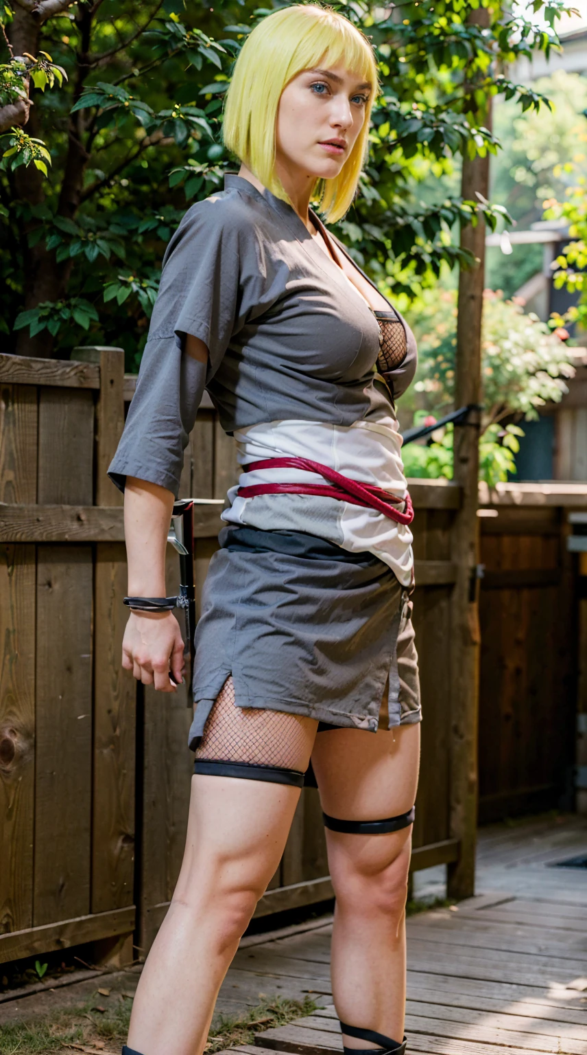Masterpiece, Best quality,, (photorealistic1.4), (UHD), (epiCRealLife), (flashphoto),, (photorealistic1.4), (blonde hair Keira Knightley), (blonde samui), (big breasts), (cleavage), (samui costume), , (samui black kimono, (Samui red arm vambraces), (Kimono white obi pad), (Kimono obi pad belt), (cowboy shots), (red wrist armguard), (Keira Knightley smile, look at viewers), (samui, blue eyes, short hair, bangs, blunt bangs, fishnets, dress, grey dress, skirt, grey skirt, (Japanese outdoor) (in a Japanese garden), (trees), , (show back), (from behind), (Keira Knightley smile),