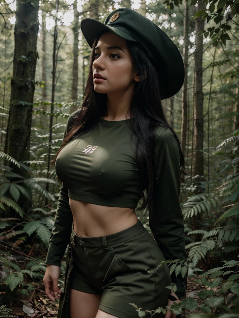 a beautiful woman with long black hair, wearing military uniform, with a discovery hat, in a forest, with a sexy t-shirt (boobs) (best quality,4k,8k,highres,masterpiece:1.2),ultra-detailed,(realistic,photorealistic,photo-realistic:1.37),highly detailed portrait, intricate details, stunning scenery, dramatic lighting, cinematic composition, vibrant colors, lush foliage, moody atmosphere