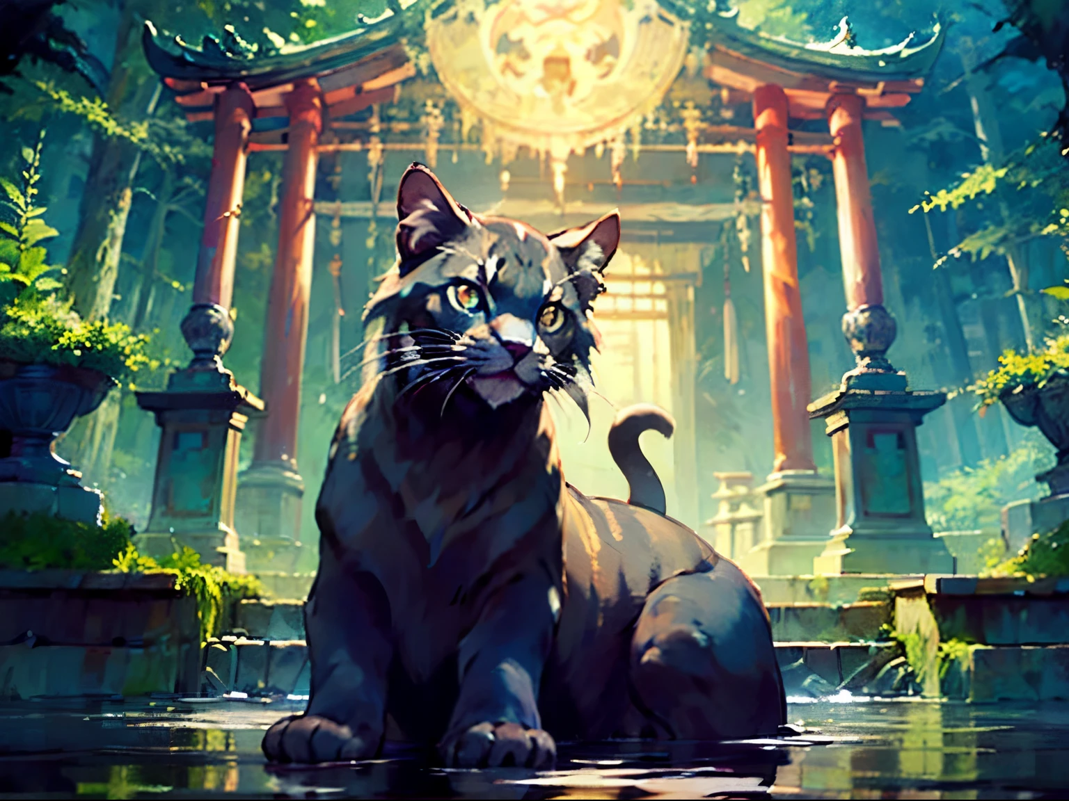 ((best quality)), ((masterpiece)), (detailed), Studio Ghibli、Wet day、in the forest、Dark Forest、in the forest、Giant black cat、One huge black cat、View here、night、shrine、Temple