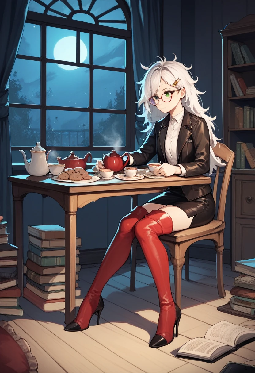 score_9, score_8_up, score_7_up, score_6_up, score_5_up, score_4_up, source_anime, 1girl, full body, sit, white hair, long hair, green eyes, glasses, hairpins, reading book, messy hair, white shirt, leather jacket, skirt, red thigh high boots, heels, night, windows, table, tea, smartphones, bookcase, cookies, plates, dungeon, best quality, best res, 4K UHD,