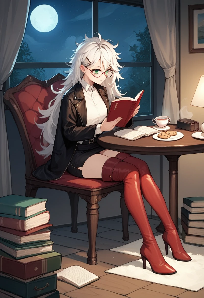 score_9, score_8_up, score_7_up, score_6_up, score_5_up, score_4_up, source_anime, 1girl, full body, sit, white hair, long hair, green eyes, glasses, hairpins, reading book, messy hair, white shirt, leather jacket, skirt, red thigh high boots, heels, night, windows, table, tea, smartphones, bookcase, cookies, plates, dungeon, best quality, best res, 4K UHD,