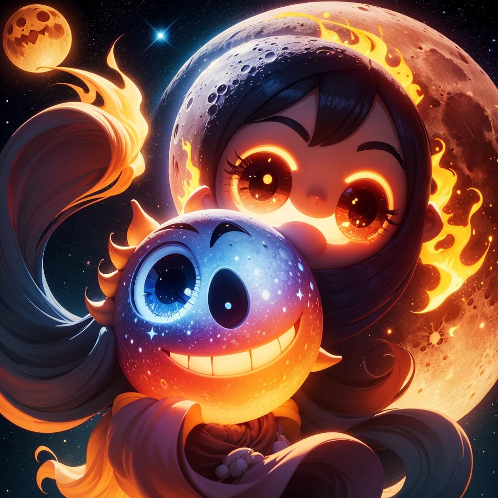 A burning moon emoji in a vibrant and animated cartoon style. The moon has a smiling face, Large and expressive eyes, and is illuminated with a golden yellow glow. The background is full of bright and colorful stars, with a night sky in dark blue tones. The image must be professional, fun and with a playful touch.
