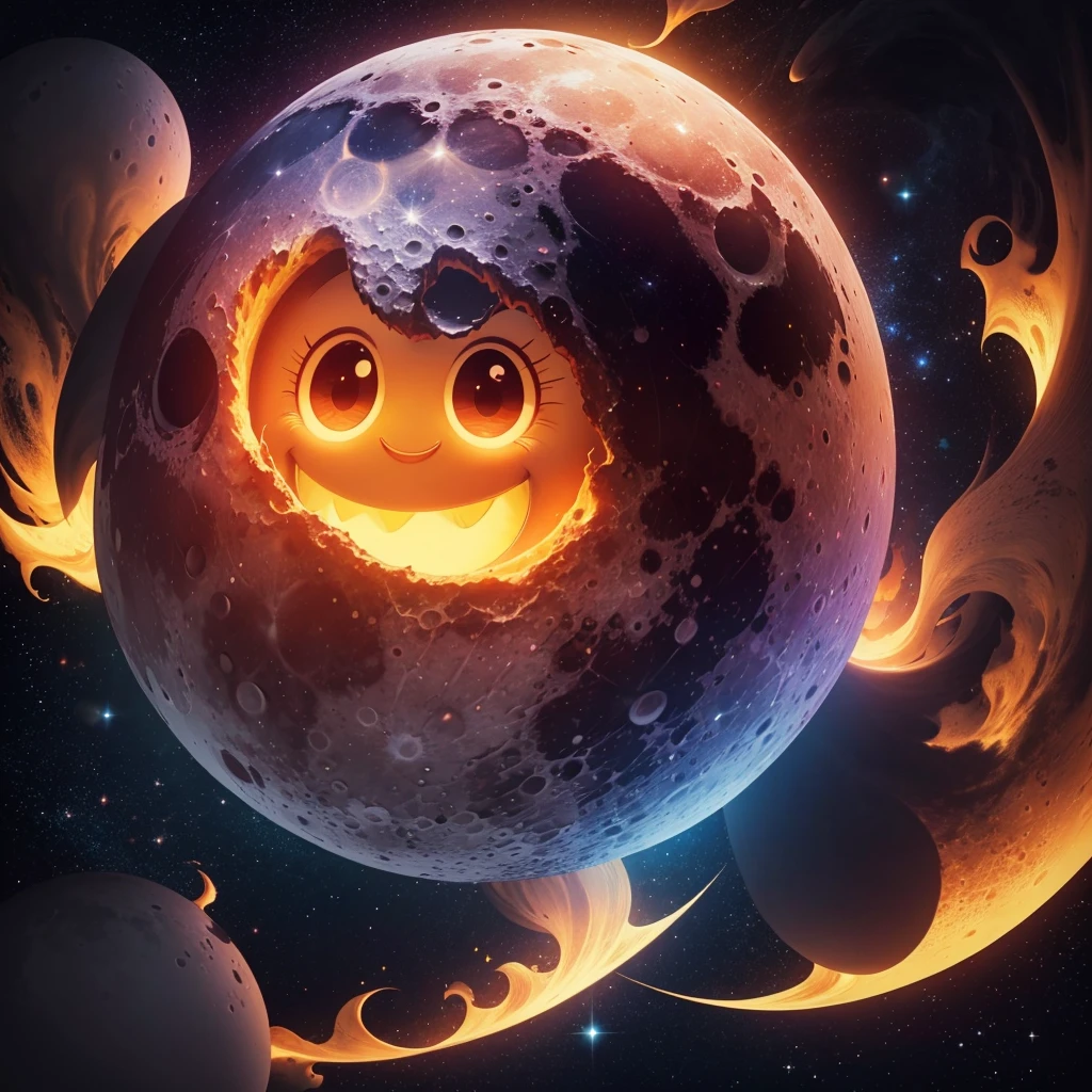 A burning moon emoji in a vibrant and animated cartoon style. The moon has a smiling face, Large and expressive eyes, and is illuminated with a golden yellow glow. The background is full of bright and colorful stars, with a night sky in dark blue tones. The image must be professional, fun and with a playful touch.

