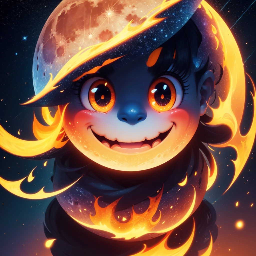 A burning moon emoji in a vibrant and animated cartoon style. The moon has a smiling face, Large and expressive eyes, and is illuminated with a golden yellow glow. The background is full of bright and colorful stars, with a night sky in dark blue tones. The image must be professional, fun and with a playful touch.
