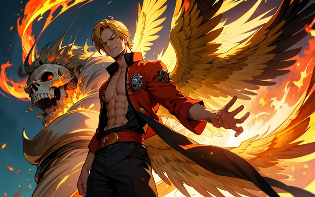 anime character with wings and a skull on his chest in front of flames, god brando, burning wings, joe gb fenton, with golden wings of fire, Sanji, with golden wings of fire of flame, burning bottom, badass