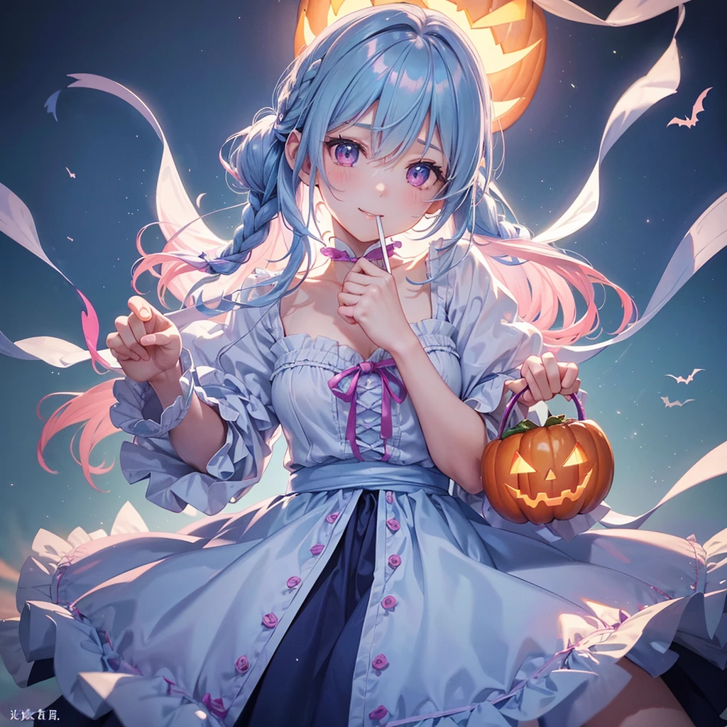 (Light blue medium hair),(Braided hair tied together)、Pink eyes、Fair skin、cowboy shot、Halloween、The background is a pumpkin ghost、Trick or Treat、A lot of sweets、Lollipop、Cosplay、A surprising smile、A dignified figure、solo、(masterpiece、Highest quality、Very detailed、Best Shadow)、(Detailed Background)、(Beautifully detailed face)、High contrast、(Best lighting、Very delicate and beautiful)、(Cinematic Light)、colorful、Hyper Detail、Dramatic Light、Exquisite detail、