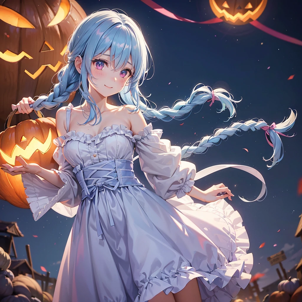 (Light blue medium hair),(Braided hair tied together)、Pink eyes、Fair skin、cowboy shot、Halloween、The background is a pumpkin ghost、Trick or Treat、A lot of sweets、Lollipop、Cosplay、A surprising smile、A dignified figure、solo、(masterpiece、Highest quality、Very detailed、Best Shadow)、(Detailed Background)、(Beautifully detailed face)、High contrast、(Best lighting、Very delicate and beautiful)、(Cinematic Light)、colorful、Hyper Detail、Dramatic Light、Exquisite detail、