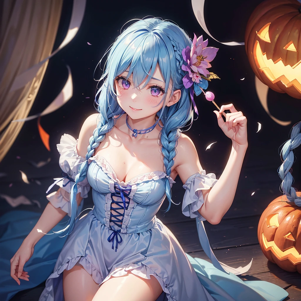 (Light blue medium hair),(Braided hair tied together)、Pink eyes、Fair skin、cowboy shot、Halloween、The background is a pumpkin ghost、Trick or Treat、A lot of sweets、Lollipop、Cosplay、A surprising smile、A dignified figure、solo、(masterpiece、Highest quality、Very detailed、Best Shadow)、(Detailed Background)、(Beautifully detailed face)、High contrast、(Best lighting、Very delicate and beautiful)、(Cinematic Light)、colorful、Hyper Detail、Dramatic Light、Exquisite detail、