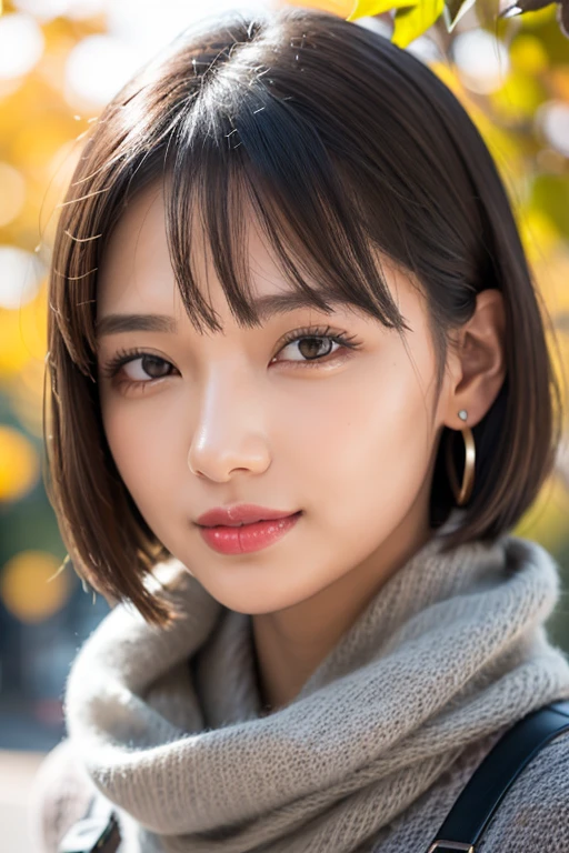 (RAW Photos), (((Overall image)))、Thick black sweater、White scarf around neck、Long thin earrings、Round eyes、Cheek on ear、correct、make、smile、Biting the lower lip、(((Close one eye and wink)))、Soft lips、誘惑的なsmile、Sparkle、Darker lipstick、Cheek on nose、(Autumn leaves)、((Watery eyes))、Asymmetrical Hair、Real Skin、Blonde Hair、Very realistic,Gray Hair、Messy Hair、Hair behind the ear、Floating Hair、short hair、Boyish Hair、Blunt bangs、Drop Shadow、Hyperrealism、Contemporary Art、shine、reflected light、Nikon、Ultra Wide Angle、16K、Super detailed、最high quality、uhd、Anatomically correct、Awards、最high quality、Ultra high detail、high quality、High resolution、Textured skin、correct、masterpiece、