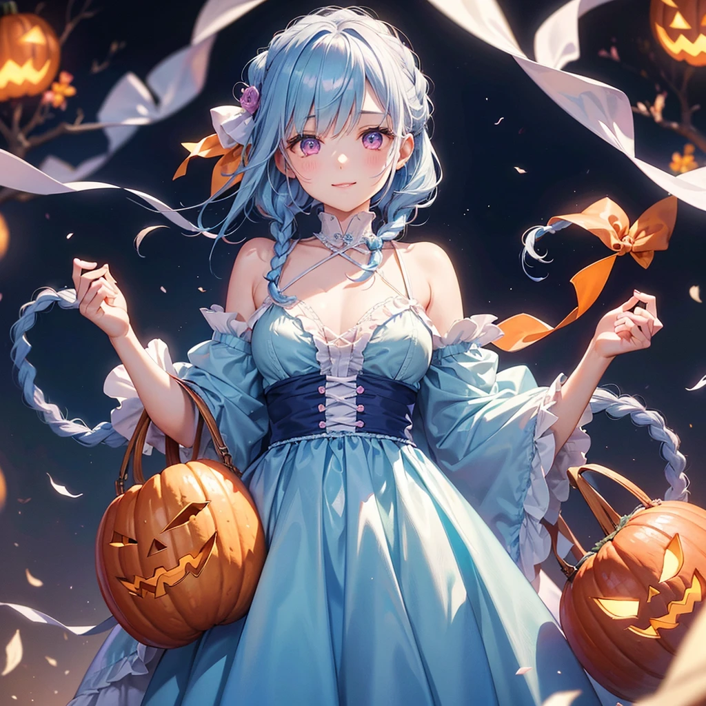 (Light blue medium hair),(Braided hair tied together)、Pink eyes、Fair skin、cowboy shot、Halloween、The background is a pumpkin ghost、Trick or Treat、A lot of sweets、Lollipop、Cosplay、A surprising smile、A dignified figure、solo、(masterpiece、Highest quality、Very detailed、Best Shadow)、(Detailed Background)、(Beautifully detailed face)、High contrast、(Best lighting、Very delicate and beautiful)、(Cinematic Light)、colorful、Hyper Detail、Dramatic Light、Exquisite detail、