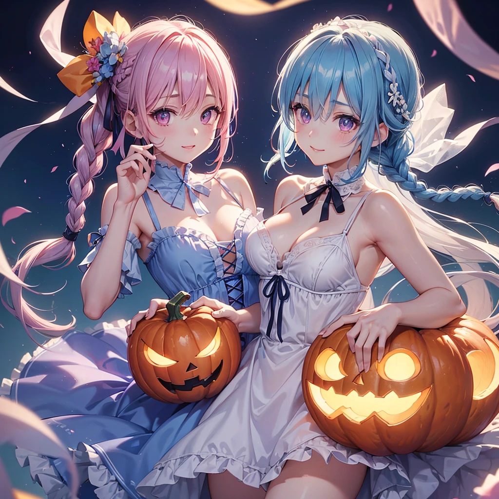 (Light blue medium hair),(Braided hair tied together)、Pink eyes、Fair skin、cowboy shot、Halloween、The background is a pumpkin ghost、Trick or Treat、A lot of sweets、Lollipop、Cosplay、A surprising smile、A dignified figure、solo、(masterpiece、Highest quality、Very detailed、Best Shadow)、(Detailed Background)、(Beautifully detailed face)、High contrast、(Best lighting、Very delicate and beautiful)、(Cinematic Light)、colorful、Hyper Detail、Dramatic Light、Exquisite detail、