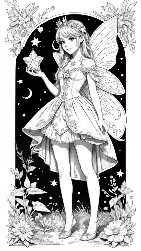 a pretty fairy with a magic star in her hands, for coloring pages, full white, children's style, magic forest background, full body, Sketch style, playful style, childrens