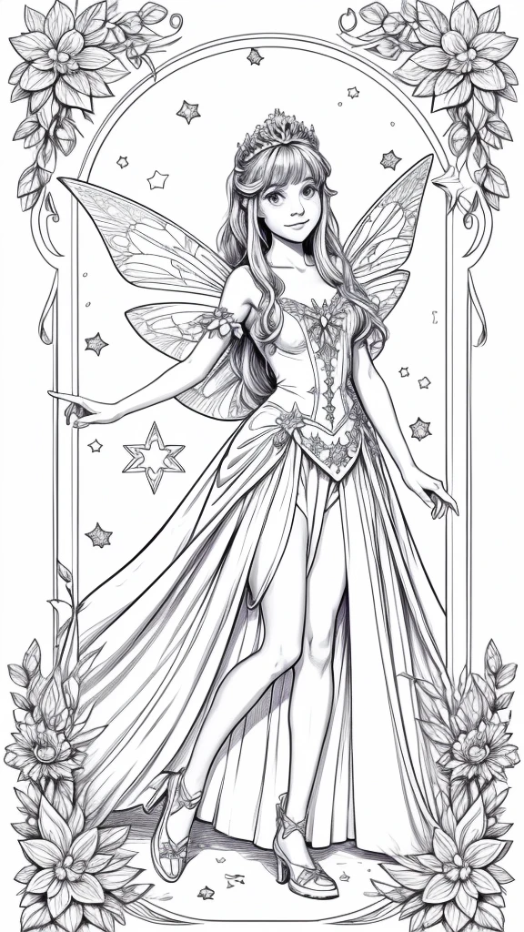 a pretty fairy with a magic star in her hands, for coloring pages, full white, children's style, magic forest background, full body, Sketch style, playful style, childrens