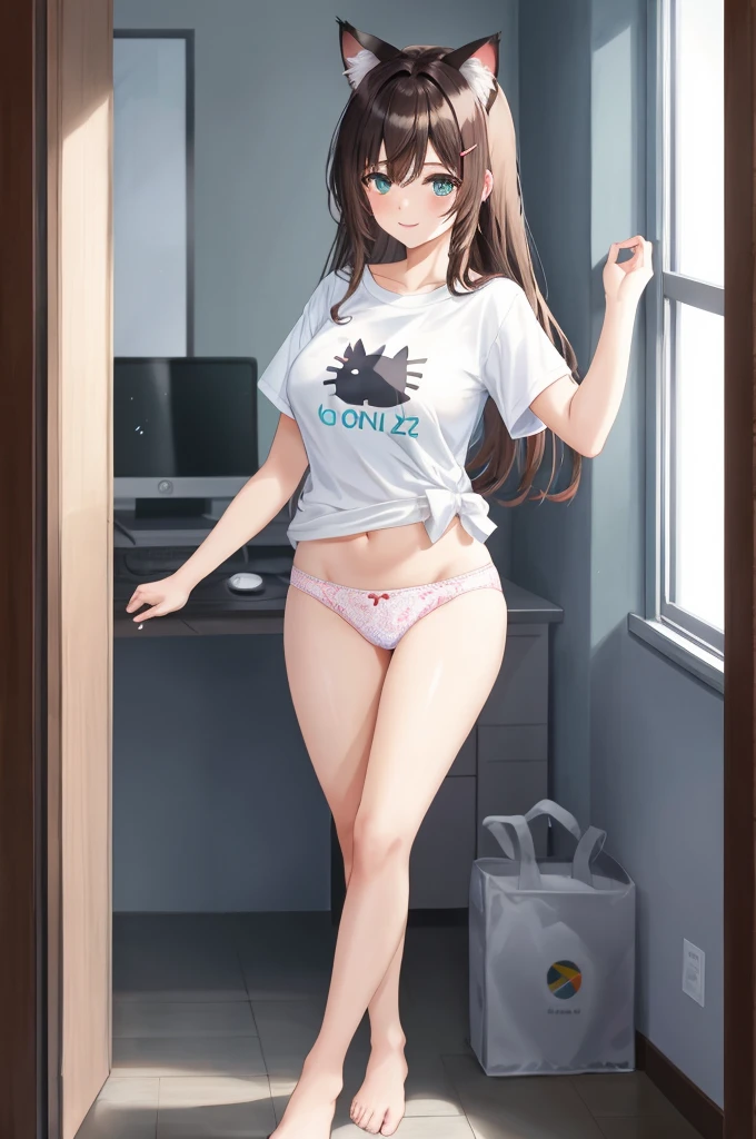 Anime girl with cat ears entering a room with a laptop, anime girl, inside a room, study desk, window with a tree, she is looking for something, t-shirt with a cat print, cat girl, oversized white t-shirt, panties, smiling, dark brown hair, bangs, long hair, side swept bangs, wavy hair, tousled hair, shiny hair, braided bangs, hairclip, aqua eyes, glowing eyes, pupils sparkling, cat ears, bright pupils, serious, glossy lips, big round breasts, defined and full body, slim legs, beautiful thighs, high detail, anime, cinematic lighting, image fill, wide shot, panorama, caustics, Wide-Angle, f/1.8, 85mm, Fujifilm, 8k, super detail, UHD, retina, masterpiece, accurate, anatomically correct, textured skin, highres, best quality