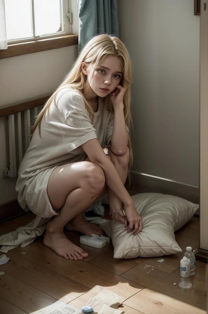 A blonde woman, similar to Elainne Goldives, está sentada In floor de seu quarto. SHE'S LEANING AGAINST THE WALL, with legs bent and arms wrapped around your knees, hugging them like he&#39;s trying to comfort himself. His expression is one of deep despair and anguish.. Her eyes are red and swollen from crying so much, with tears continually streaming down his face. She is in tears, sobbing and with your mouth open, making crying sounds.

She is dressed in simple, worn-out clothes: a loose t-shirt and sweatpants, both looking faded and a little dirty. Your blonde hair is completely messy, falling haphazardly over your shoulders and face, reflecting your disturbed emotional state.

Ao redor dela, In floor, there are several medicine bottles scattered around, some open and some spilled. Some pills are scattered around the bottles, indicating that she tried to take an excessive amount of medication. Between the bottles, there is a crumpled handwritten note, with the word "Sorry" visible between the tears that smudged the ink.

The environment around her is a simple room, with light walls and modest furniture. The bed next to her is unmade, with blankets and pillows thrown in a disorganized manner. There is a bedside table with a lamp, a half-full glass of water and a cell phone with several unread messages, suggesting that she isolated herself from everyone.

The light that enters the room is weak and diffused, filtered through heavy curtains that are partially drawn. The light creates soft shadows that heighten the sense of melancholy and despair in the scene..

The image conveys a strong feeling of helplessness, Loneliness and despair, capturing the painful moment of someone who faced extreme emotional suffering to the point of trying to take their own life. The woman&#39;s vulnerability and desperation are evident, highlighting the seriousness of their situation.