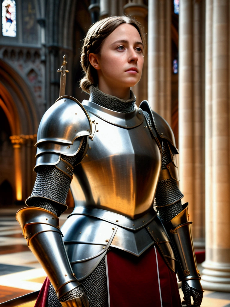 (best quality,4k,8k,highres,masterpiece:1.2),ultra-detailed,(realistic,photorealistic,photo-realistic:1.37), full body shot, Jeanne d'Arc, Joan of Arc, female knight standing inside a cathedral, short braided brown hair, historical accurate armour, heroic posture, standing, cinematic lighting, vibrant colors, great composition