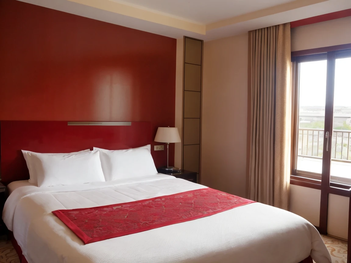 A luxurious hotel room with a disheveled king-sized bed, featuring a red satin bra and a pair of red lace G-strings casually tossed aside. The morning sun streams through the floor-to-ceiling windows, casting a warm glow on the otherwise elegant room. A mini-bar, half-empty bottle of champagne, and a love note signed by an anonymous admirer can be seen on a marble table in the corner.