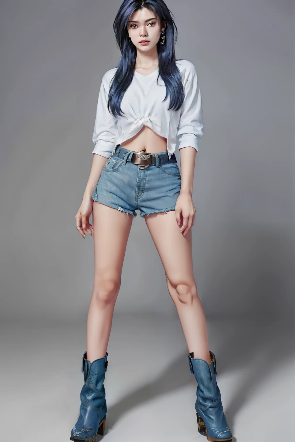 ((beauty eyebrows:1.4, large breast:1.4, beauty eyes:1.4,head out of frame:1.4,lower body:1.4,covering crotch:1.4,(((hand between legs:1.4))))),(((((tall:1.4,full body:1.4,standing:1.4,looking at downside:1.4)),((denim shorts:1.4, belt:1.4, leather ankle boots:1.4)),calf:1.4,ankle:1.4,knees together feet apart:1.4,sexy:1.4,(((((beauty face:1.4))))),belt:1.4,1girl:1.4,Mio Serizawa:1.4,blue long hair:1.2,tied shirt:1.2,earrings:1.2, navel:1.2))),((simple background:1.4)),(photo realist: 1.4), (hiper realist: 1.4), (realist: 1.3), (smoother lighting: 1.05), (Improve the quality of movie lighting: 0.9), 32K(increase the beauty of skin texture: 1.4, better quality, (beauty), (masterpiece:1.4), (Physically based rendering:1.4), (ultra high resolution:1.4), (best quality:1.4)