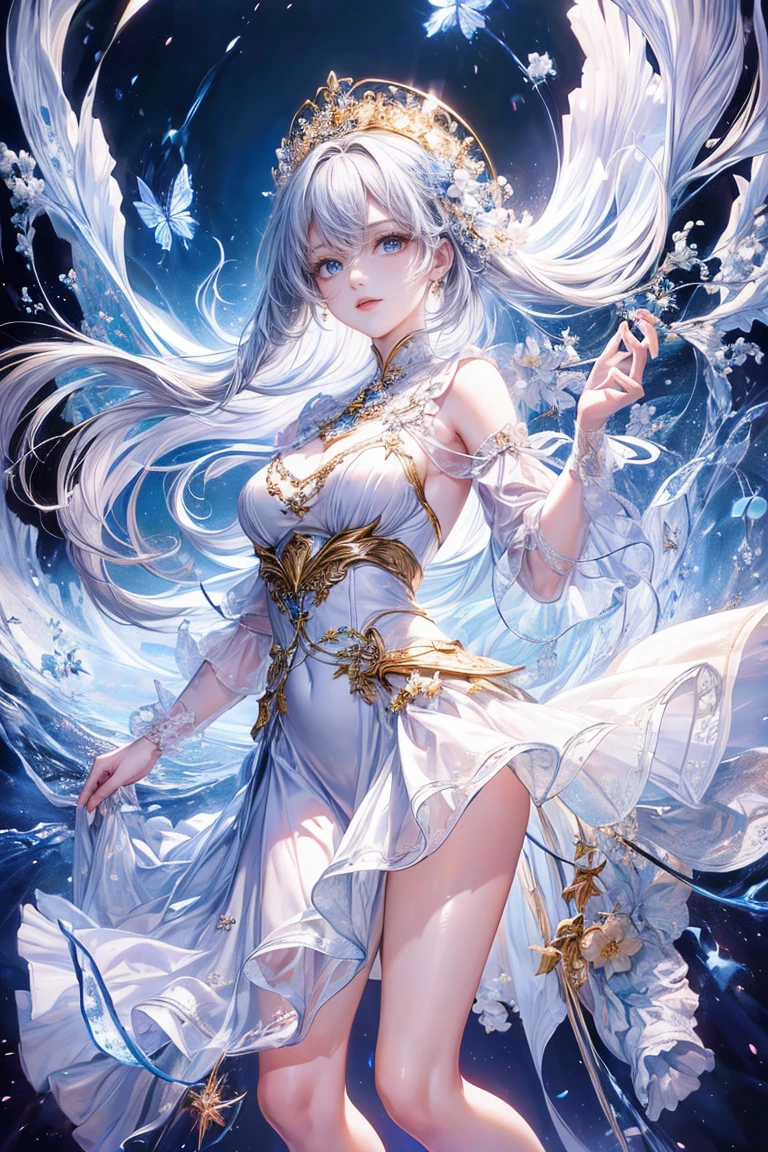 (Highest quality, 8k, CG, Beautiful and exquisite upper body, , Transparent coat dress, Star background, Complex facial features, length, Floating Hair, Almond Eye, Exquisite eye makeup, length eyelashes fluttering, Blinking big eyes, Night Sky、Starry Sky, Delicate lip detail, Soft and harmonious style) 、(Ultra-realistic), (An illustration), (High resolution), (8k), (Very detailed), (最高のAn illustration), (Beautiful attention to detail), (Highest quality), (Very detailed), (Masterpiece、), (wallpaper), (Detailed face), alone、、、、、, One girl, Aristocratic dress、Long white hair, iridescent heterochromatic eyes, Mid-chest, Long legs、A wonderful composition、Foot braiding、Beautiful and exquisite legs、Long dress