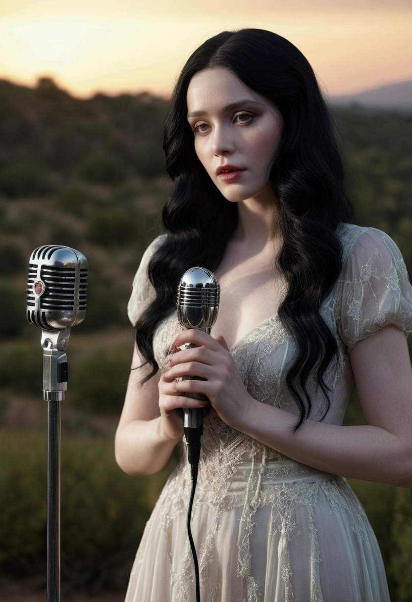 
"Hyperrealistic 4K HD creation of a stunning singer, Dead, with long black hair and extremely pale skin. She holds a classic vintage microphone in her delicate hands. Your clear eyes, with a dead and empty look, highlight their funereal condition. Her figure is draped in an elegant vintage dress, that accentuates its spectral appearance. The surrounding scenery is dark and funereal, with a mystical atmosphere that enhances its ghostly presence. Soft lighting highlights her pale skin and vintage microphone, creating an image that is both beautiful and macabre."