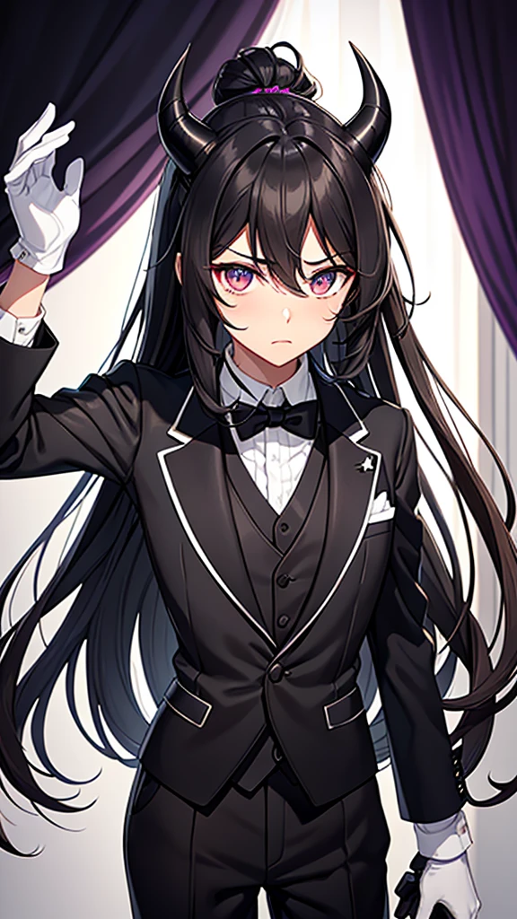 Get a wavy black hair,black horns on the head,gray and black clothes,black tie and white gloves,purples eyes,medium light brown skin...based on this information, create a character with the model of that character in the image