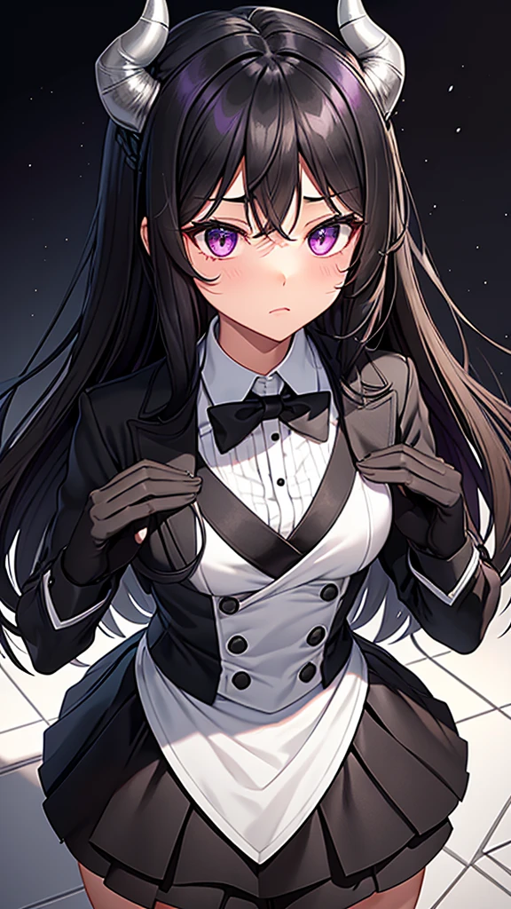 Get a wavy black hair,black horns on the head,gray and black clothes,black tie and white gloves,purples eyes,medium light brown skin...based on this information, create a character with the model of that character in the image