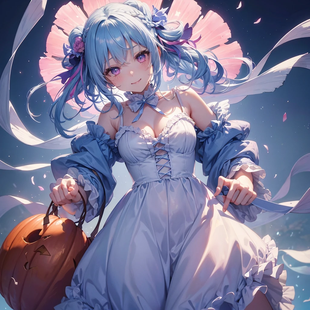 (Light blue medium hair),(Braided hair tied together)、Pink eyes、Fair skin、cowboy shot、Halloween、The background is a pumpkin ghost、Trick or Treat、A lot of sweets、Lollipop、Cosplay、A surprising smile、A dignified figure、solo、(masterpiece、Highest quality、Very detailed、Best Shadow)、(Detailed Background)、(Beautifully detailed face)、High contrast、(Best lighting、Very delicate and beautiful)、(Cinematic Light)、colorful、Hyper Detail、Dramatic Light、Exquisite detail、