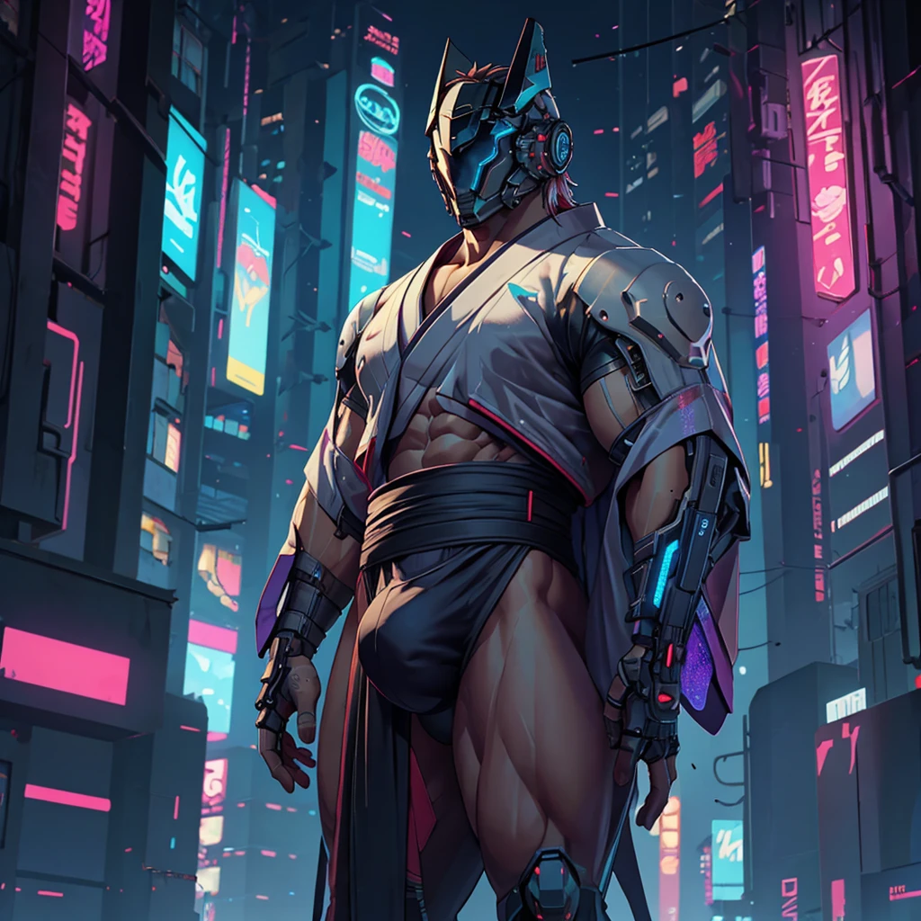 male, (muscular, full nude, only Glowing cyberpunk future helmet, only kimono, only jock strap, big bulge,) realistic, human skinned, roof of  skyscraper, night,  realistic,