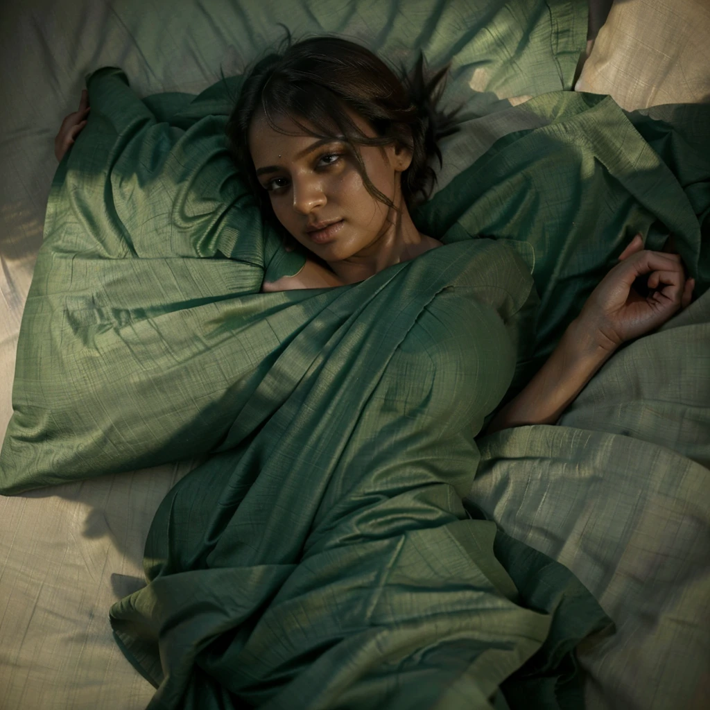 a girl in a green saree lying on bed, exposed, after intimate moment, tired, detailed face, beautiful eyes, delicate skin, natural lighting, cinematic, photorealistic, highly detailed, intricate folds of saree, soft fabric, bed sheets ruffled, sensual, intimate, moody, dramatic lighting, warm color tones